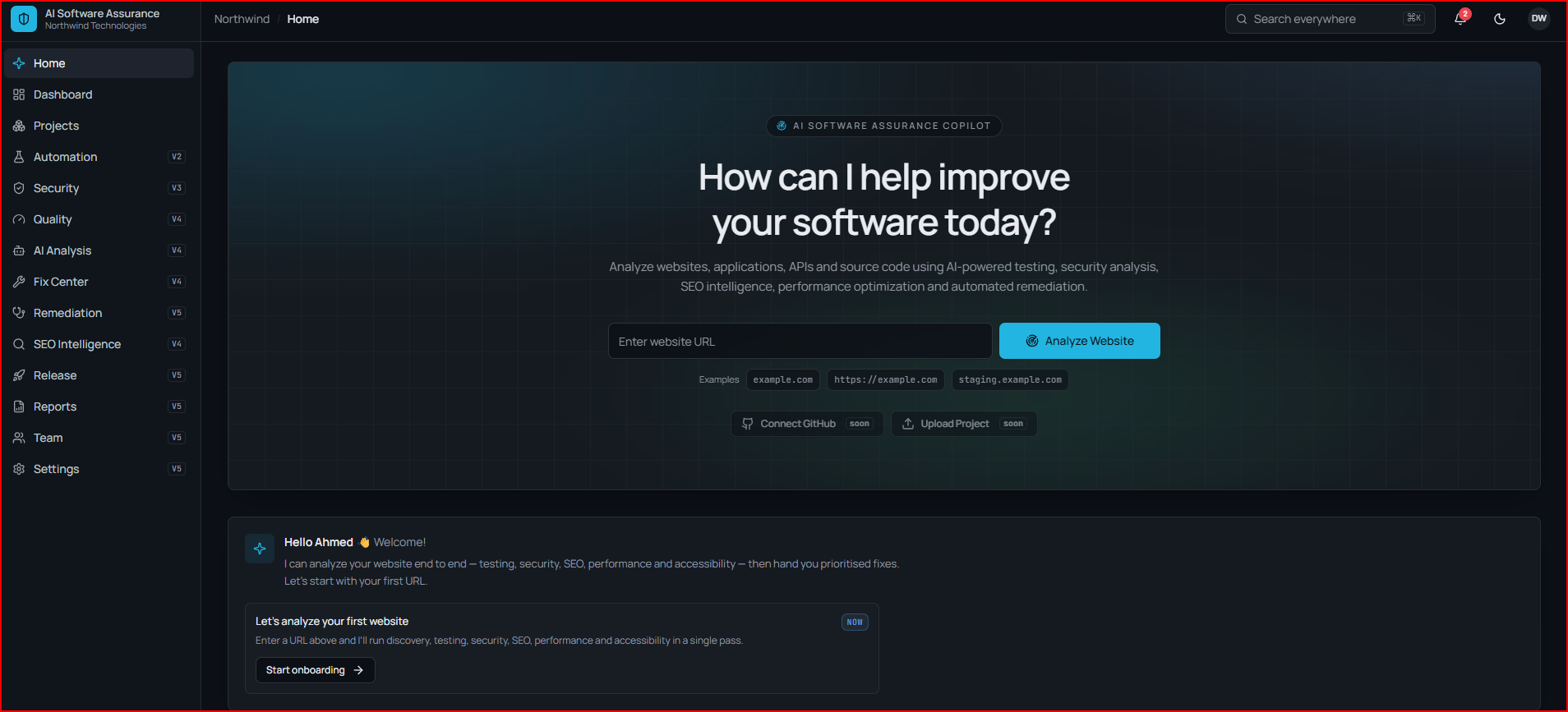 شاشة رئيسية لـ DevShield Nexus لضمان البرمجيات بعنوان «كيف أساعدك في تحسين برمجياتك اليوم؟» وحقل تحليل رابط الموقع وشريط جانبي لوحدات الأتمتة والأمن والجودة وتحليل الذكاء الاصطناعي ومركز الإصلاح والمعالجة وذكاء SEO